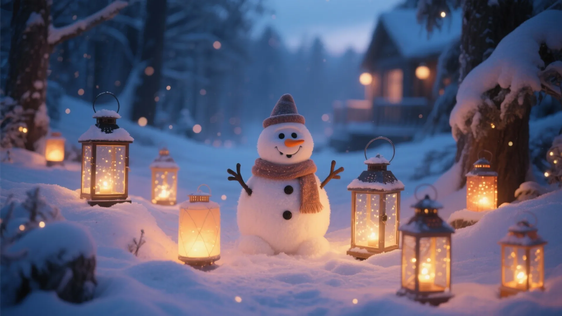 Snowman scene surrounded by warm LED lantern lights in evening