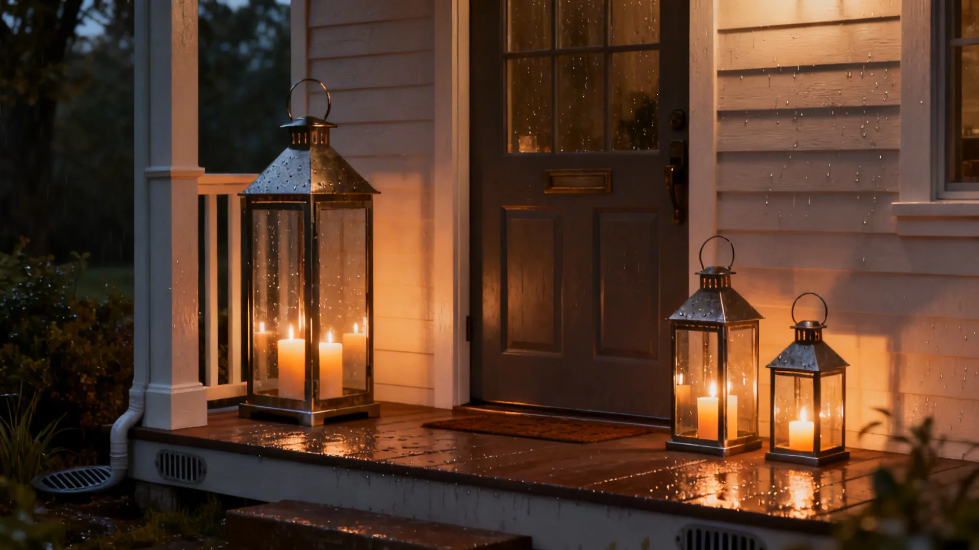 Asymmetric lantern arrangement with one tall lantern and a trio of smaller glowing battery candles on a small porch.