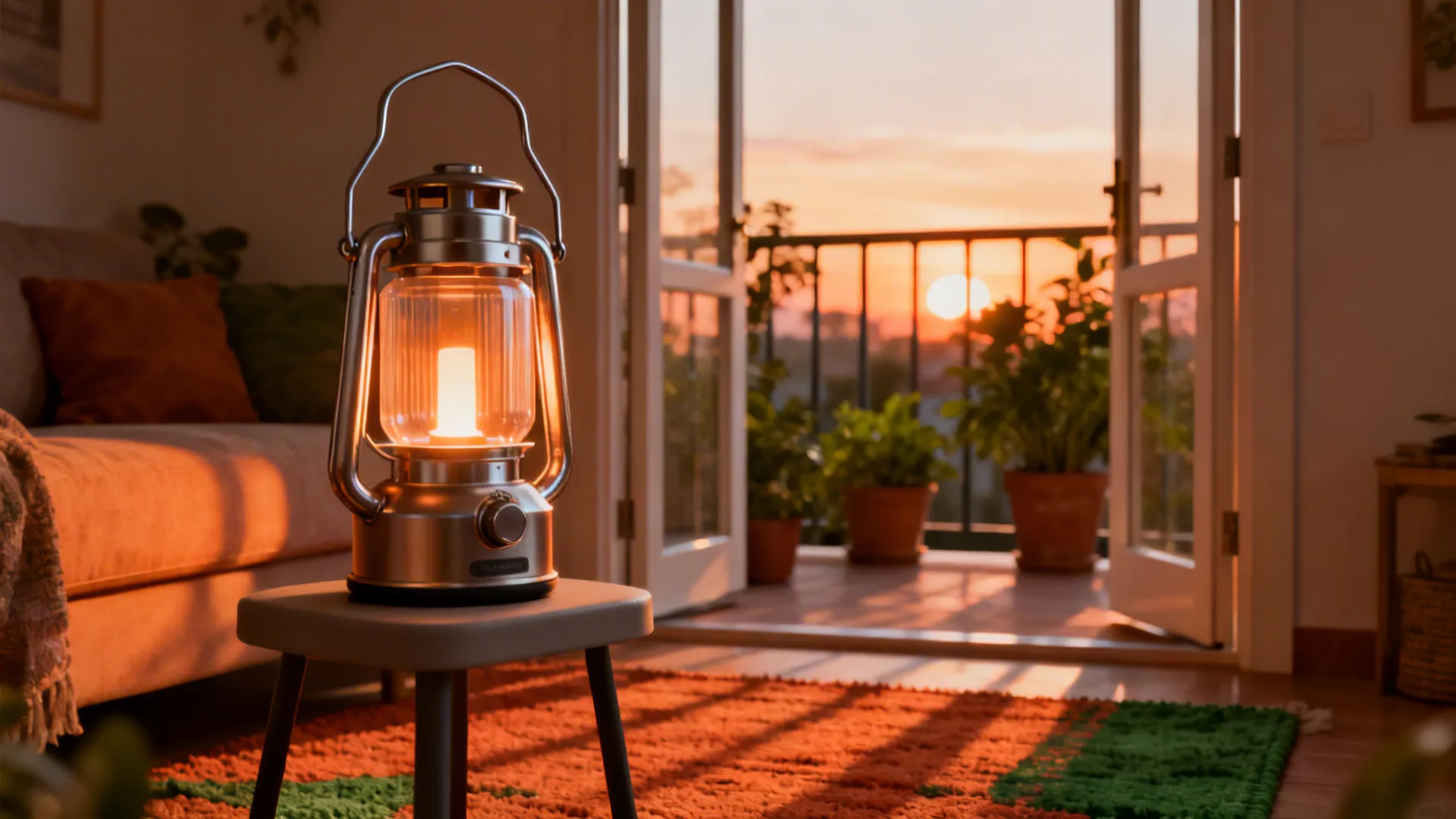 Portable lantern-style cordless lamp glowing warmly near an open balcony in a small living room.