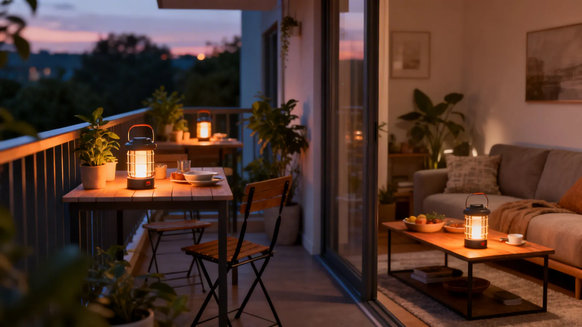 Lantern-style rechargeable lamps creating layered warm ambiance across a balcony and living room