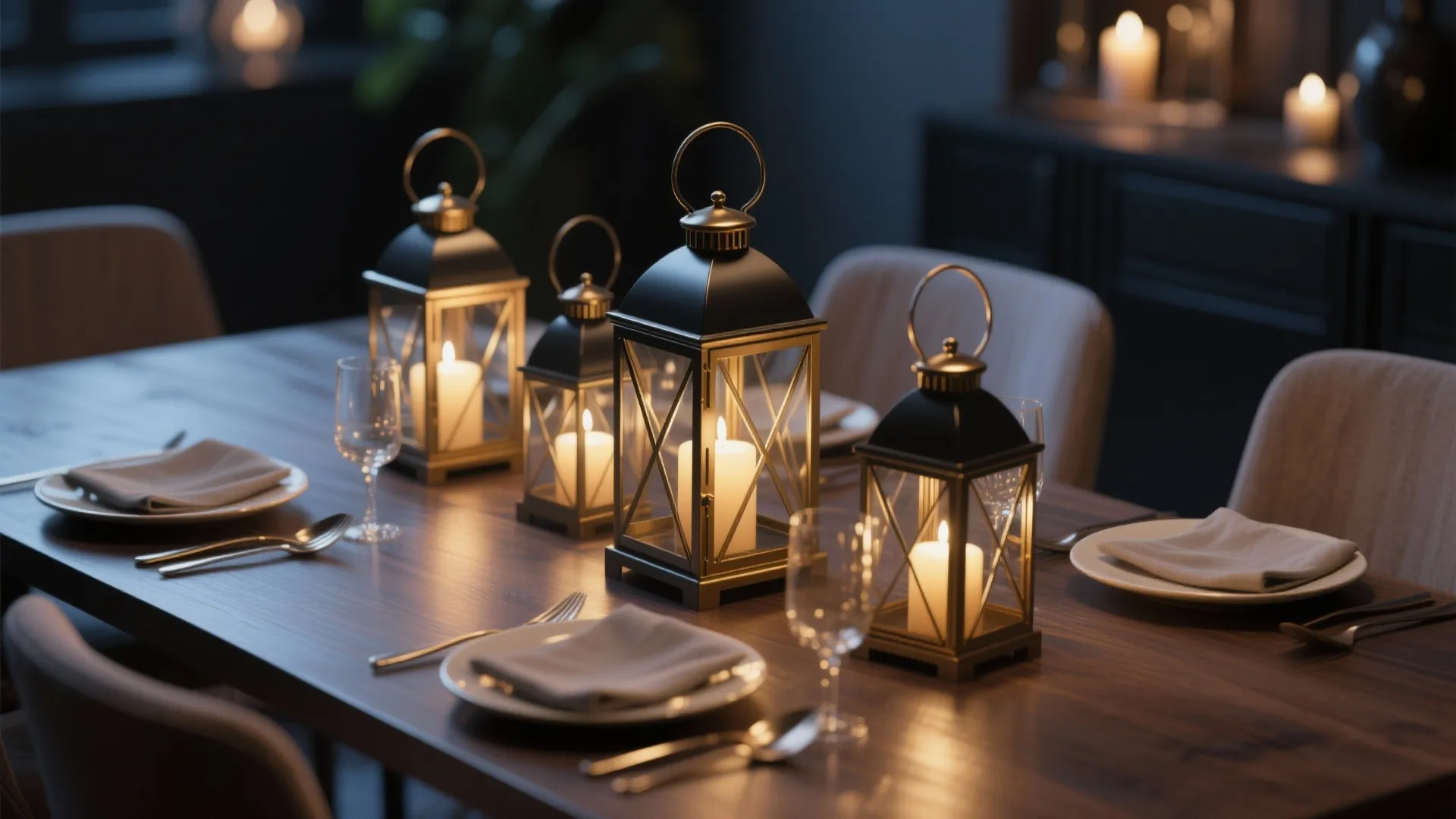 Four black metal lanterns with white candles sitting on a dark wooden dining table setup