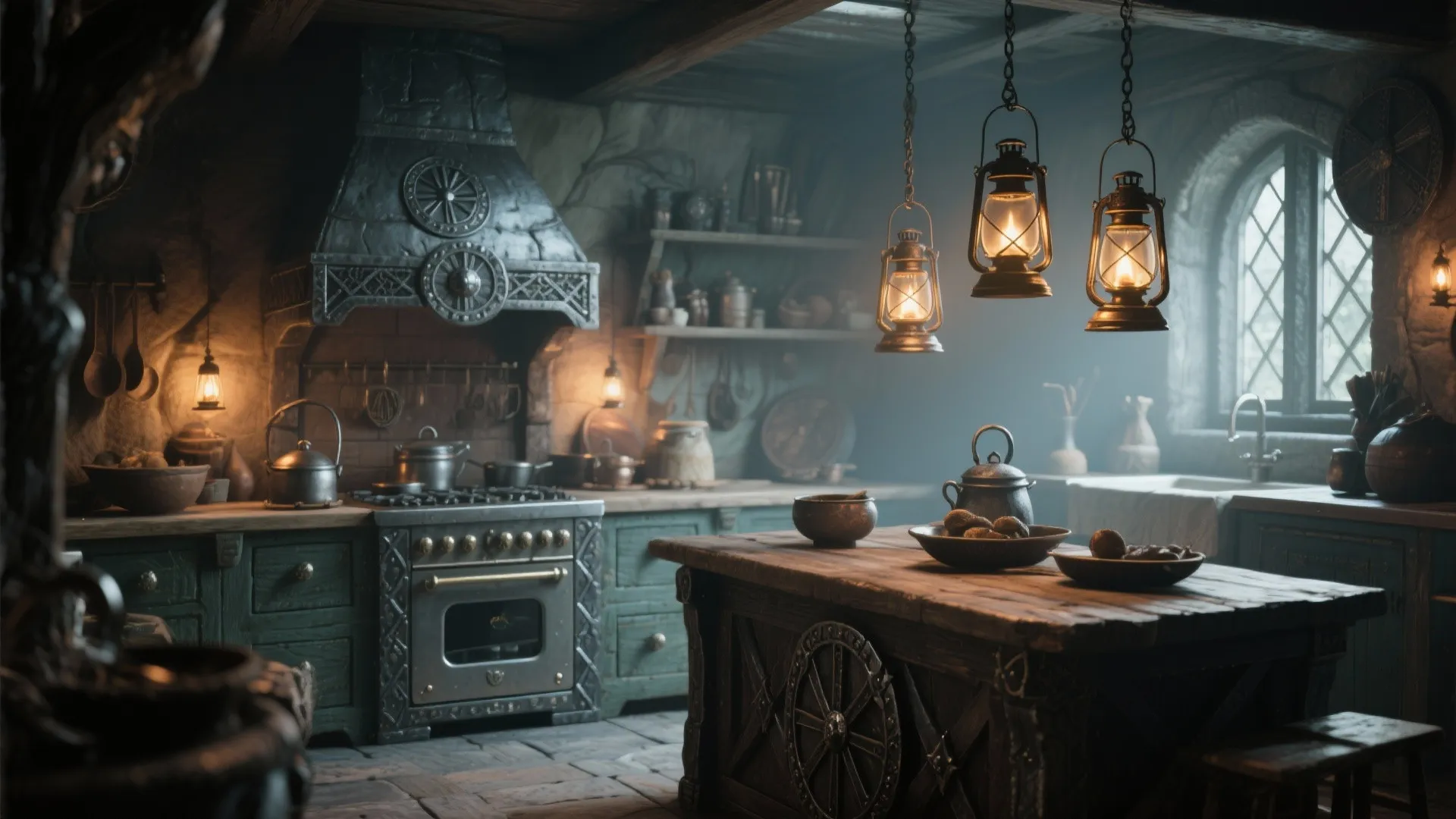Hanging iron lanterns illuminating a rustic kitchen
