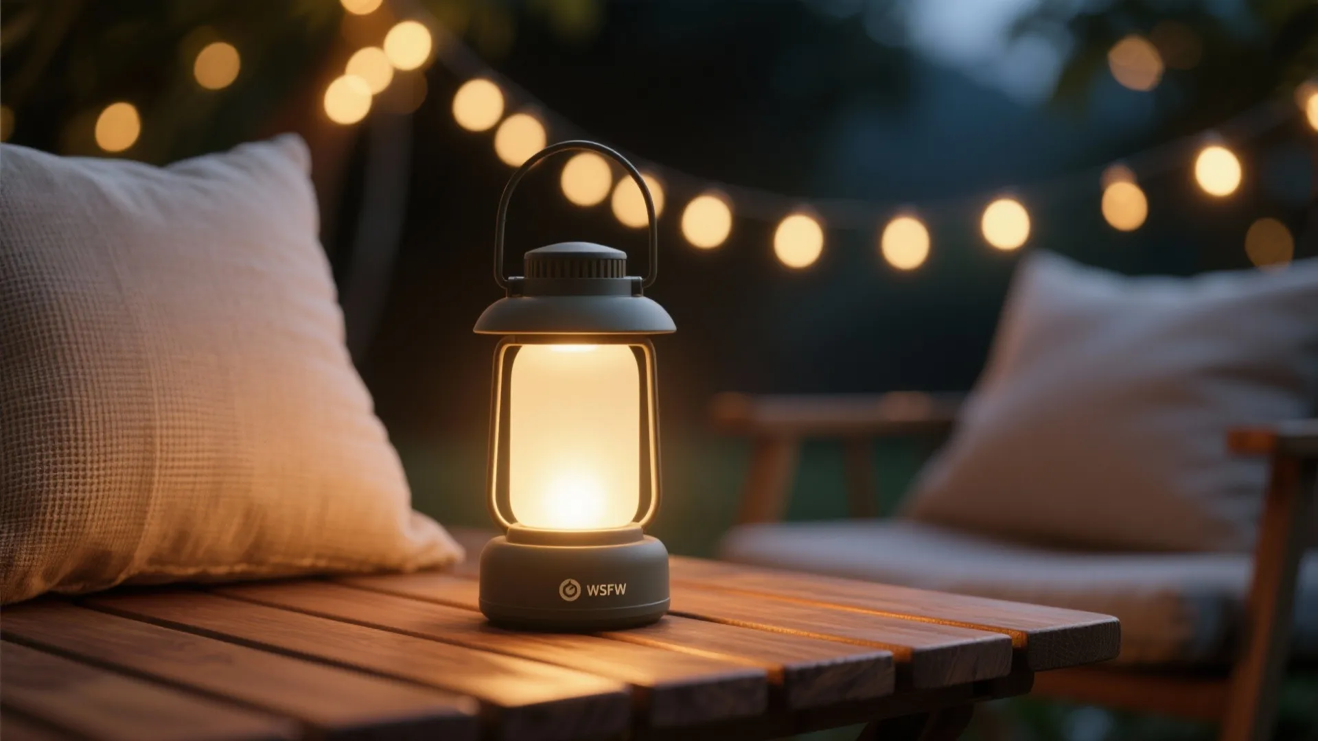 Close-up of warm lantern light on teak tabletop with soft bokeh from string lights.