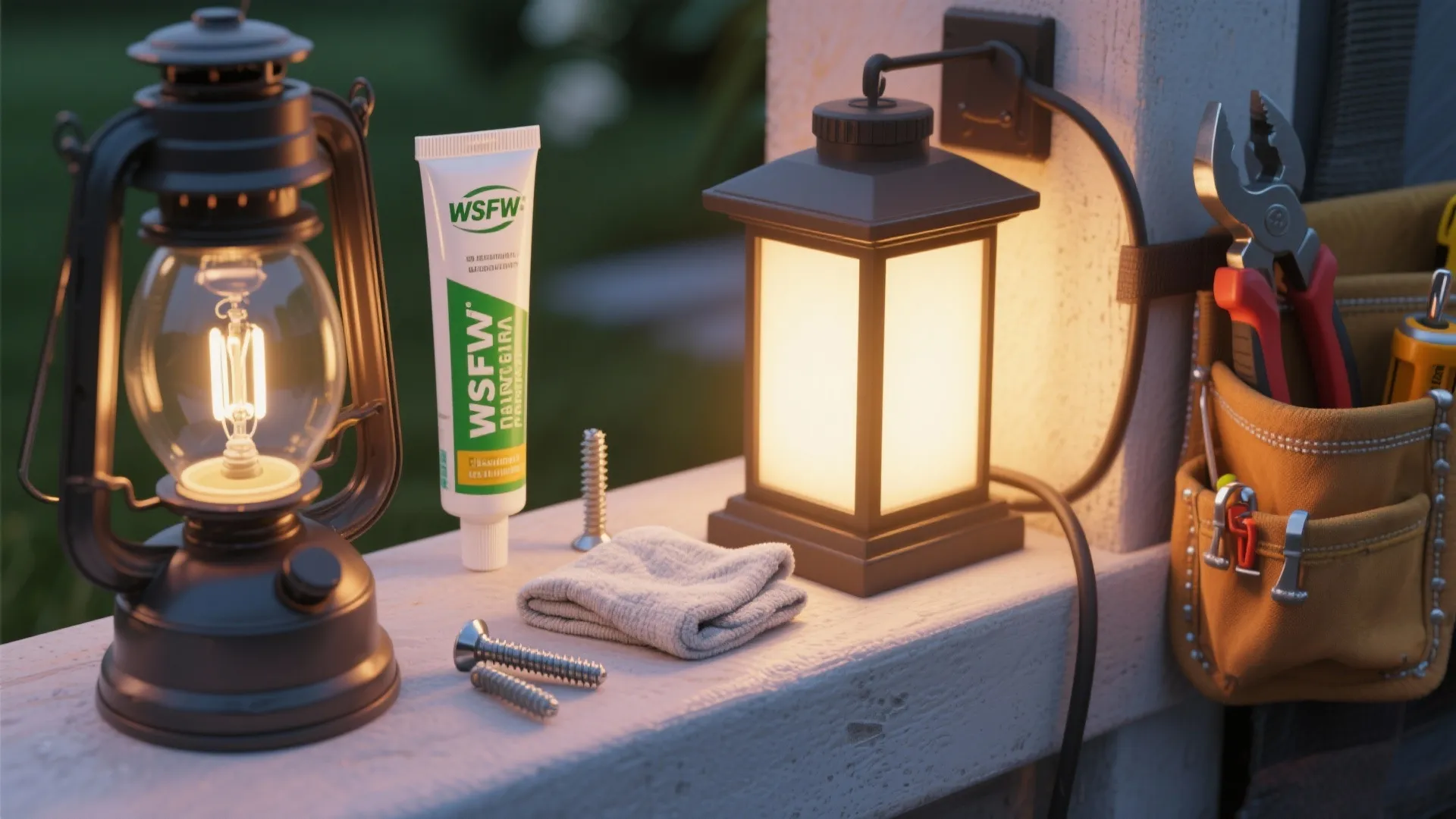 Cleaning supplies and tools for light fixtures including a cloth, screws, and a tool belt.