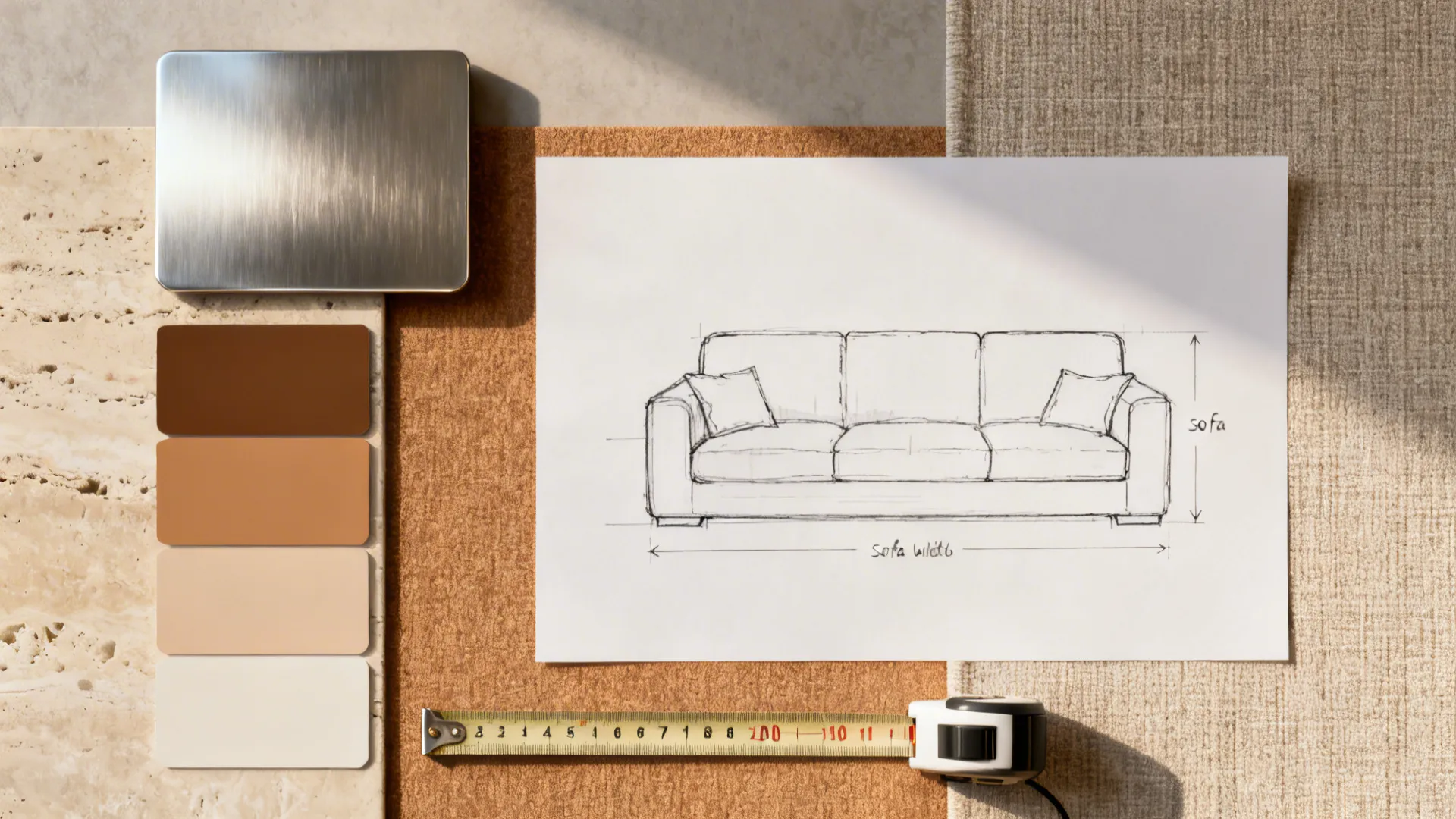 Flatlay of lantern material swatches, color chips, and a scale guide illustrating lantern sizing for sofas.