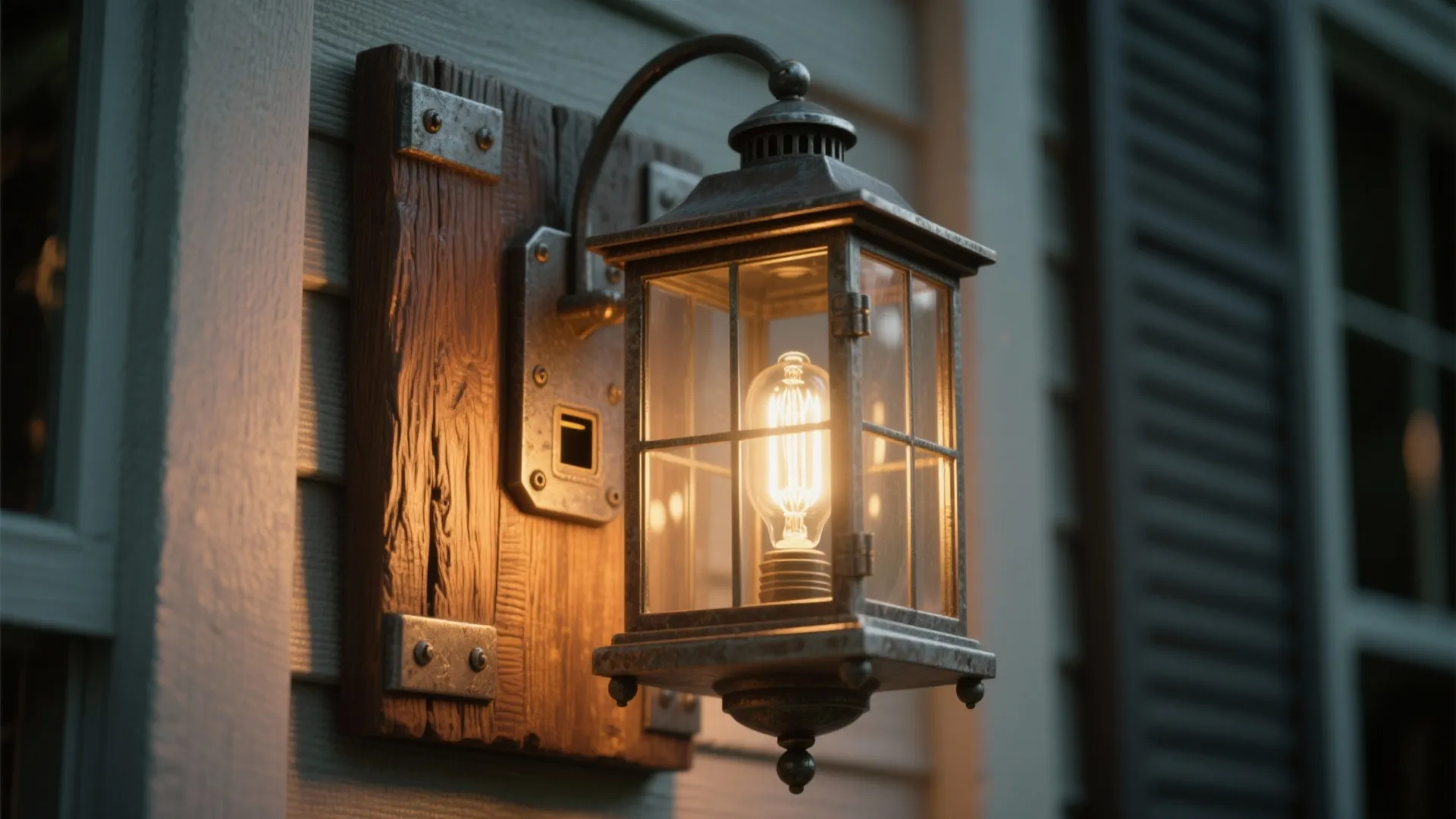 Vintage metal wall light with glass panels and warm bulb mounted on a wooden base