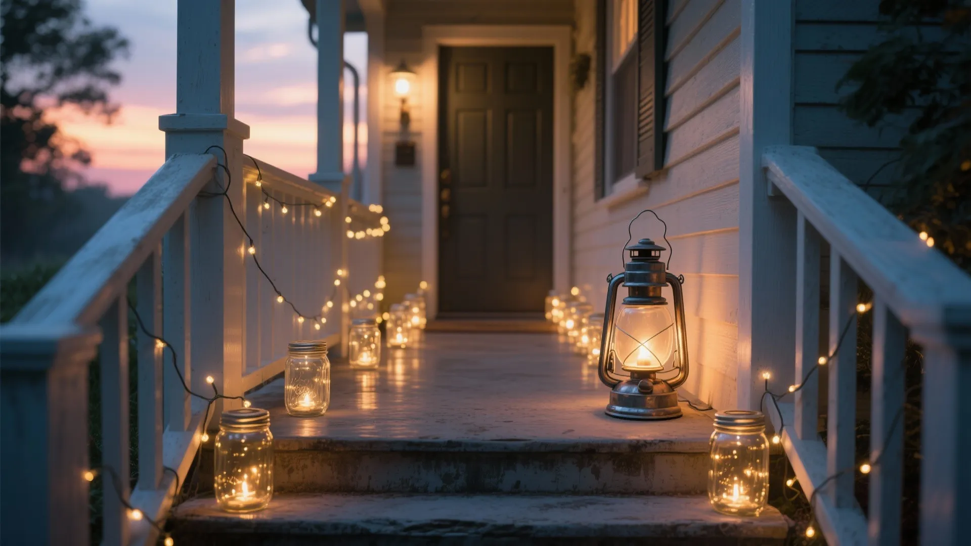 House entrance porch decorated with glass jar candles string lights and a metal lantern at sunset