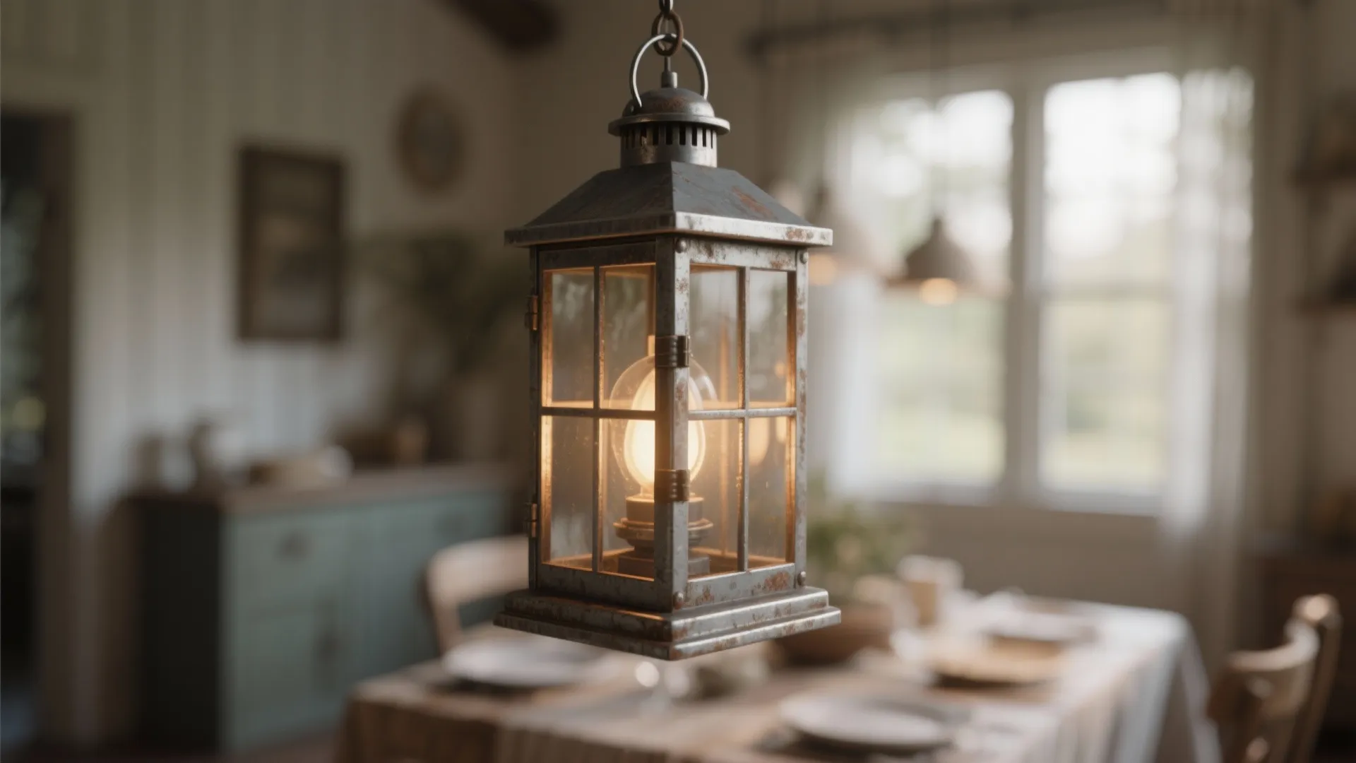 Close-up of a lantern-style pendant with matte metal frame and warm glowing bulb, showing texture and reflection control.