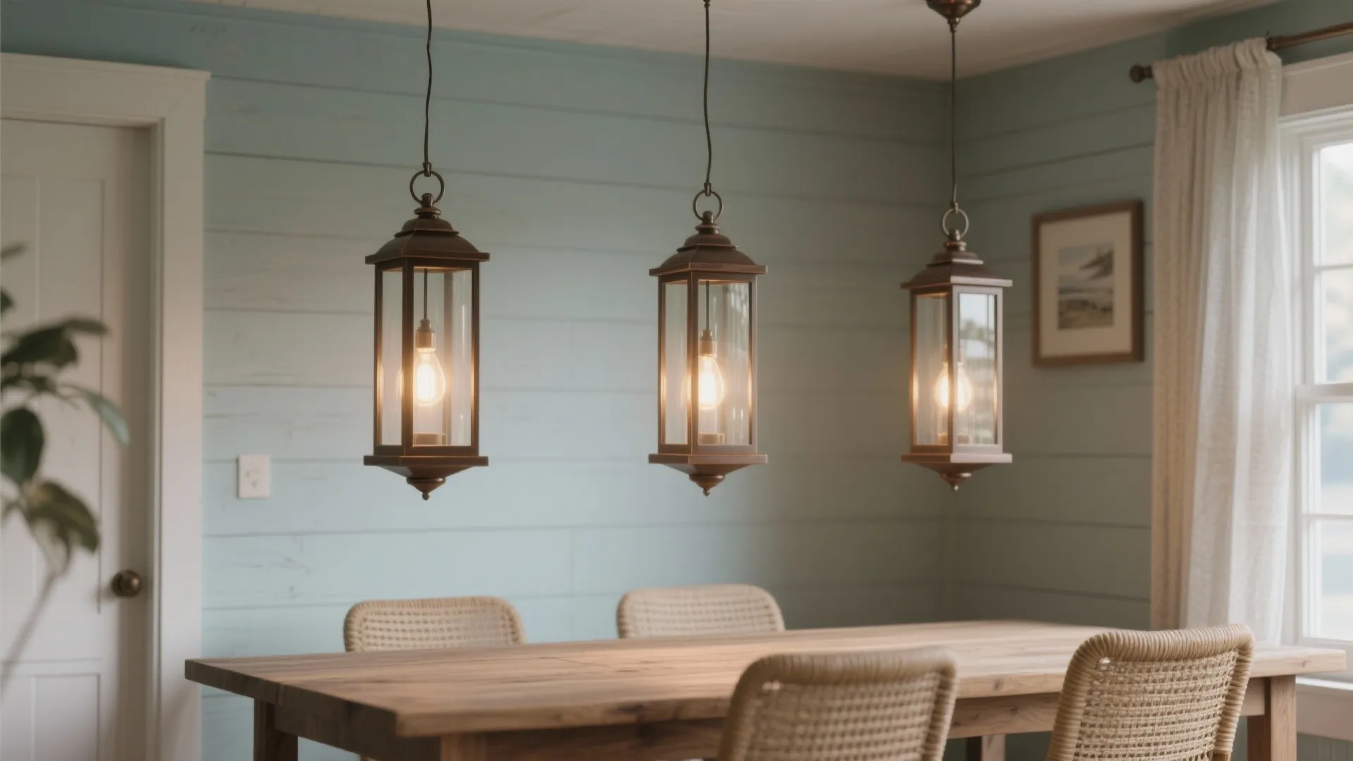 Three glass lantern light fixtures hanging above a wooden dining table in a blue room