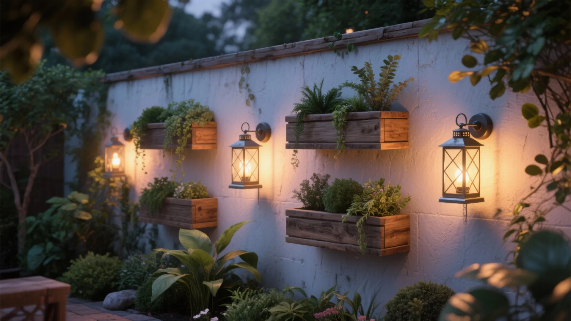 3. Wall-Mounted Lanterns with Integrated Planter Space