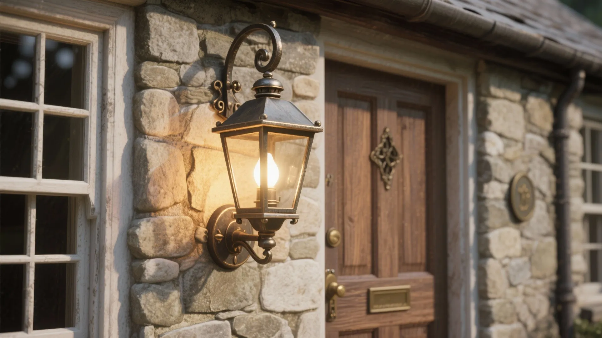 Traditional lantern style wall light glowing on a stone wall next to a wooden door