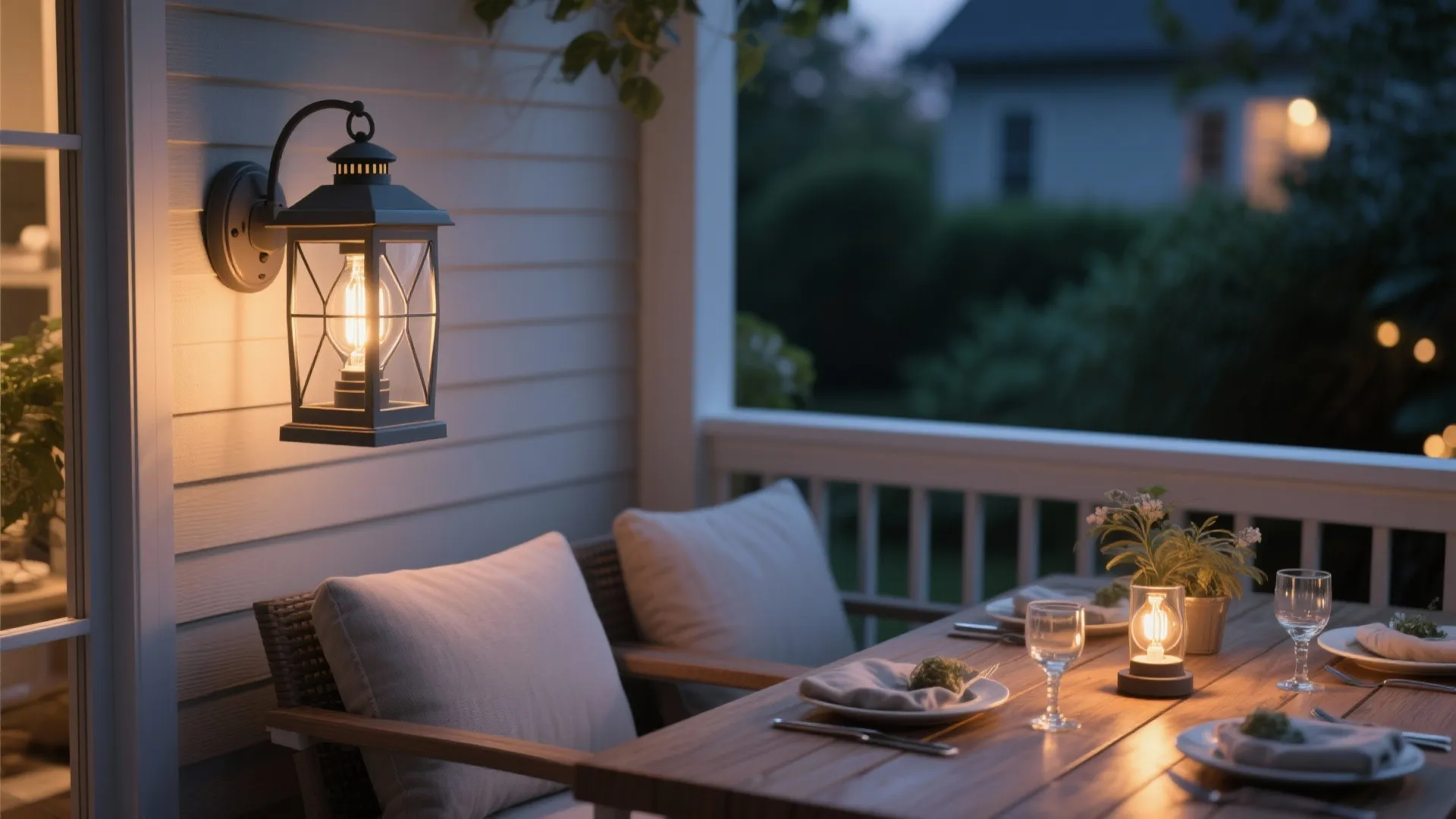 Cozy outdoor balcony featuring a black wall light lantern wooden dining table and white cushions