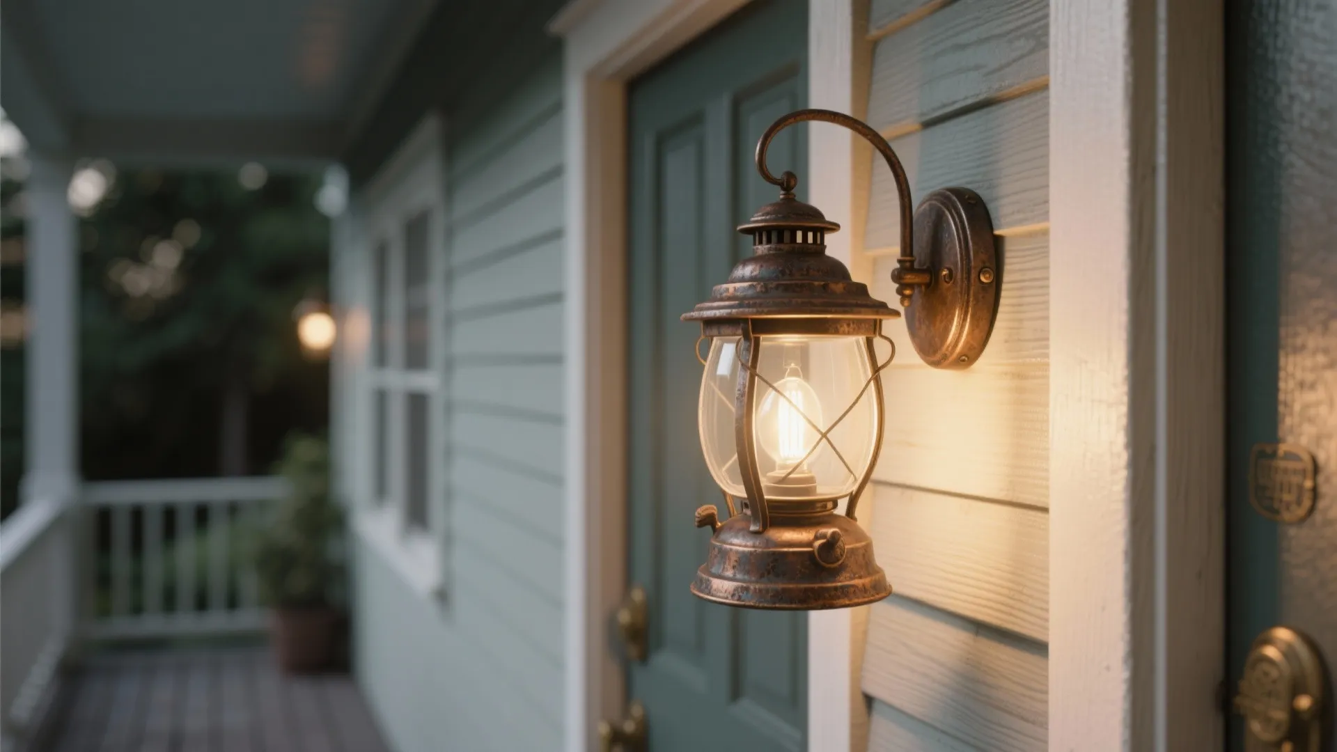 Close-up of a lantern-style outdoor sconce with frosted LED bulb on a narrow porch.
