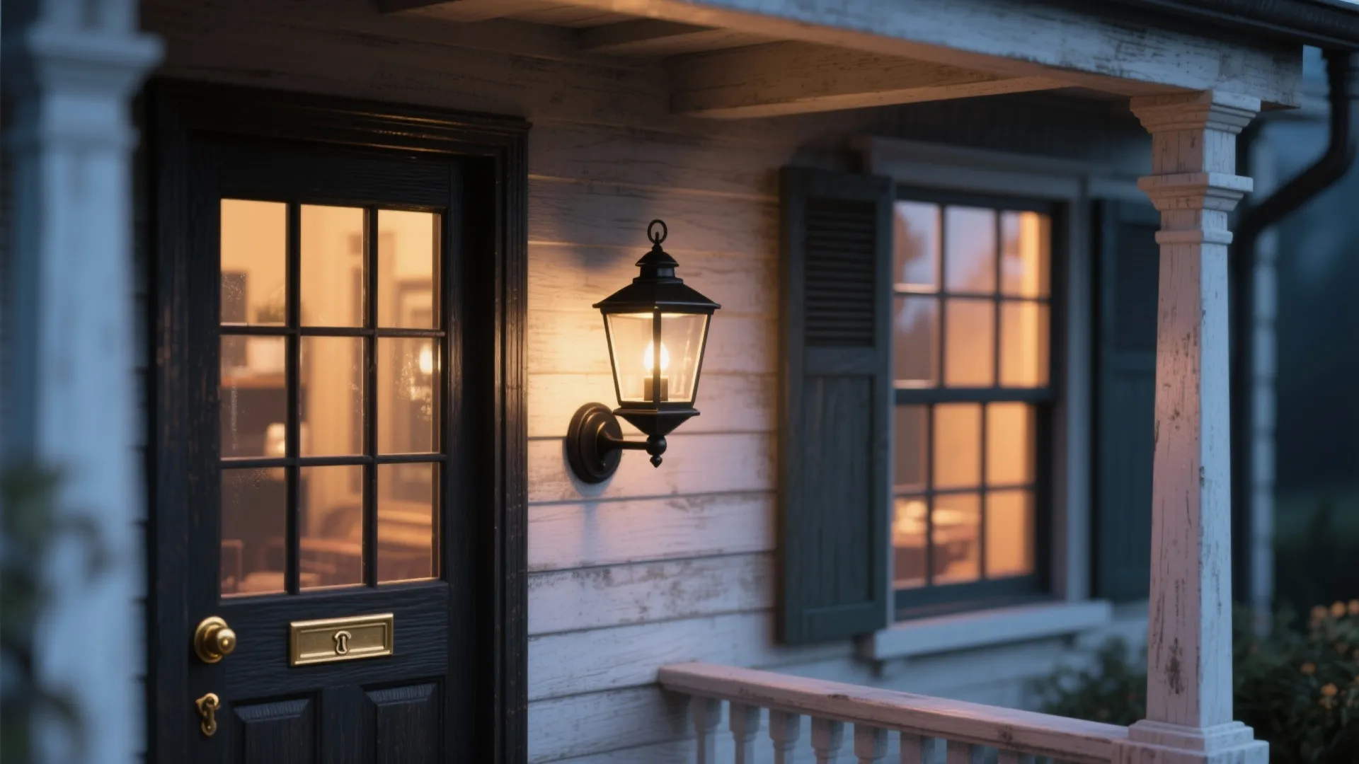 Classic black lantern-style sconce beside a wooden door with brass knocker, emitting warm evening light.
