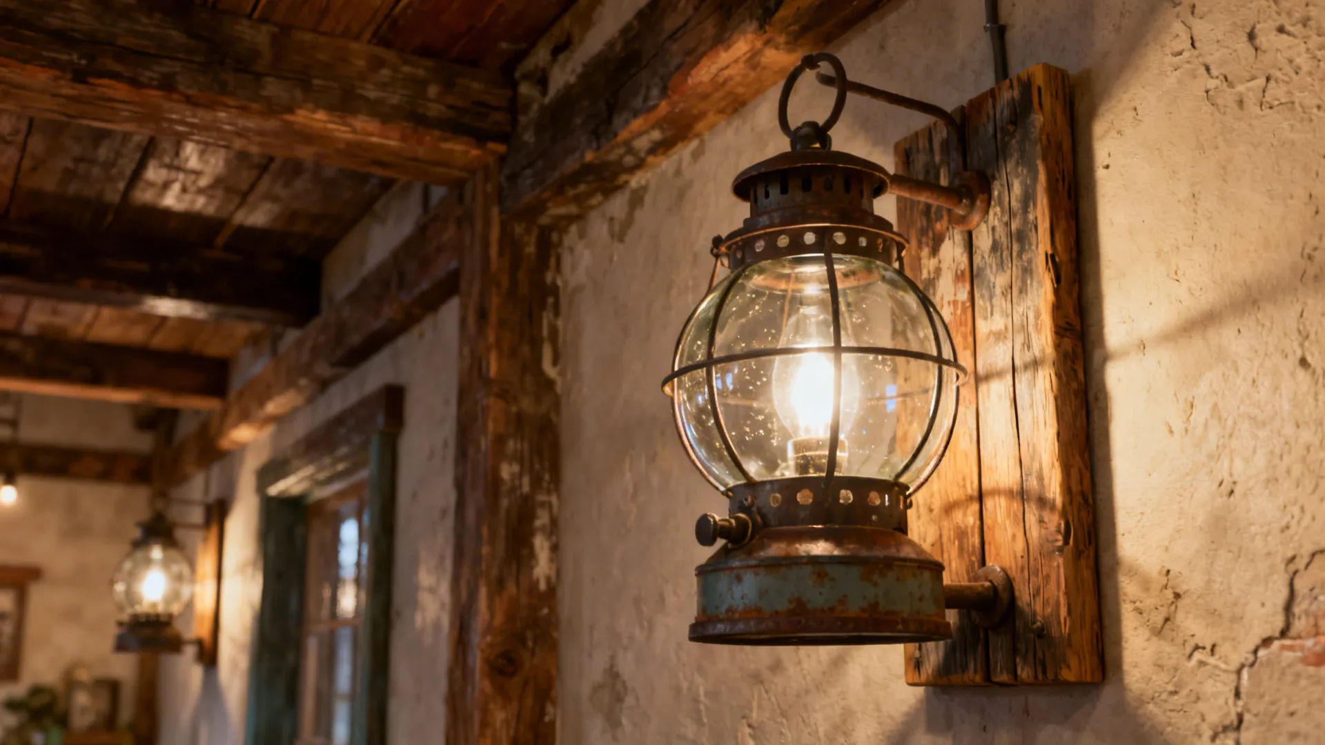 Decorative battery lantern wall sconces casting warm light in a cottage-style loft.