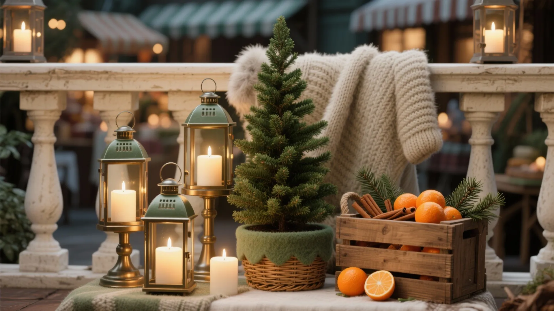 Christmas outdoor table setting with green lanterns white candles small pine tree and orange fruit basket