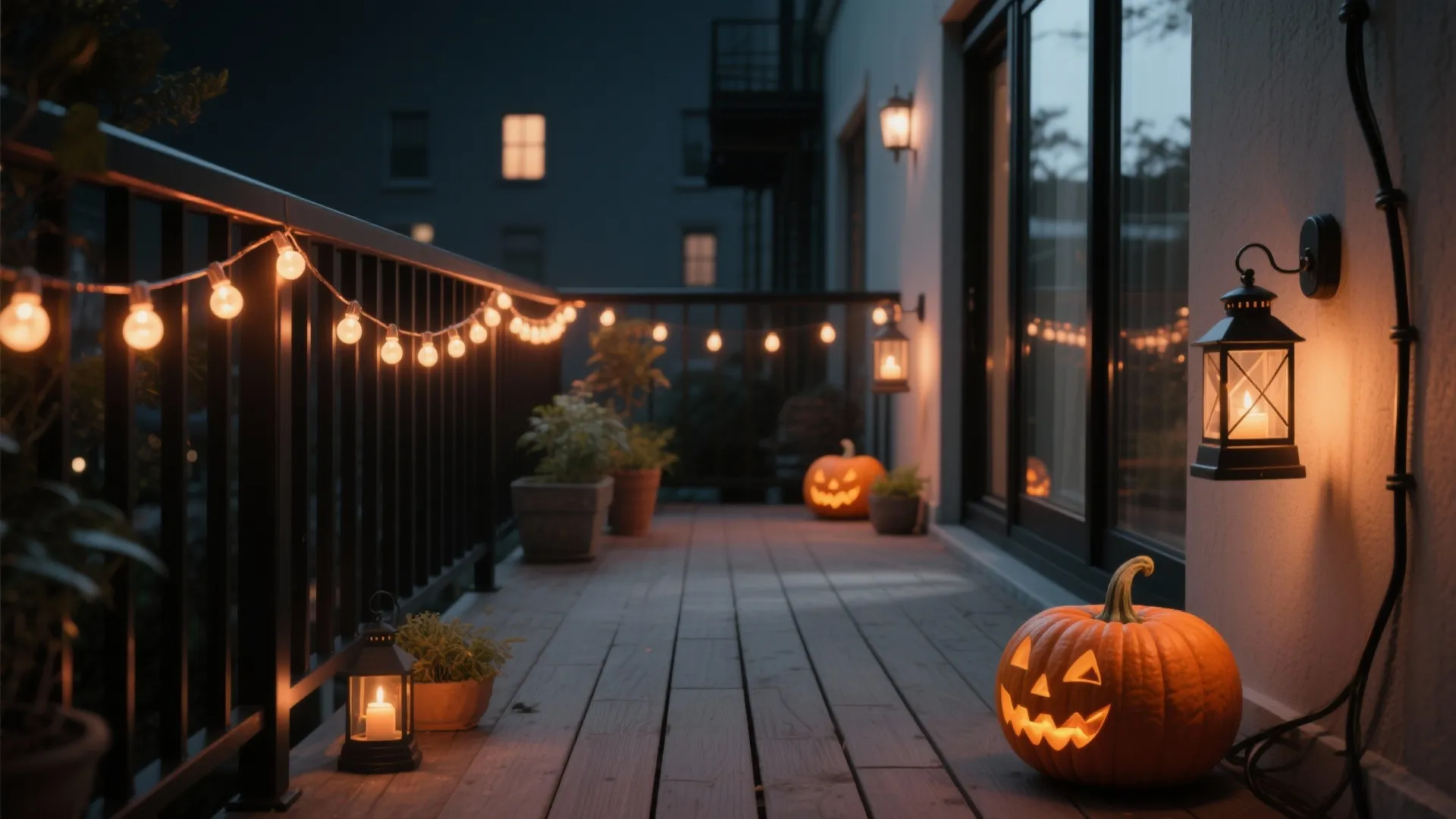 Outdoor balcony at night with orange pumpkin lanterns string lights and warm wall light fixtures