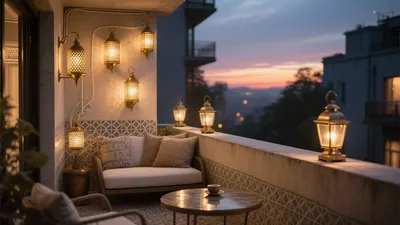 Boho Balcony Oasis with Warm Lantern Lighting