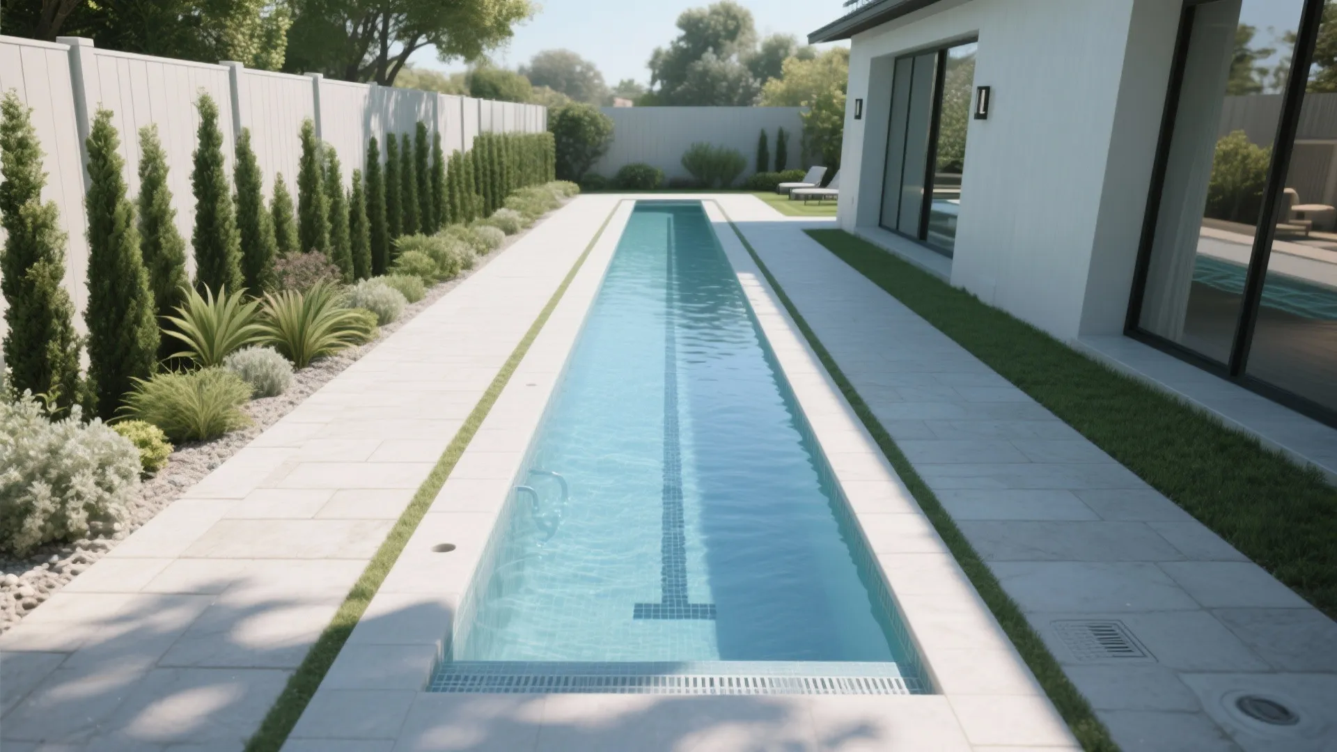 Long narrow outdoor lap pool with white stone walkway green plants and white garden fence wall