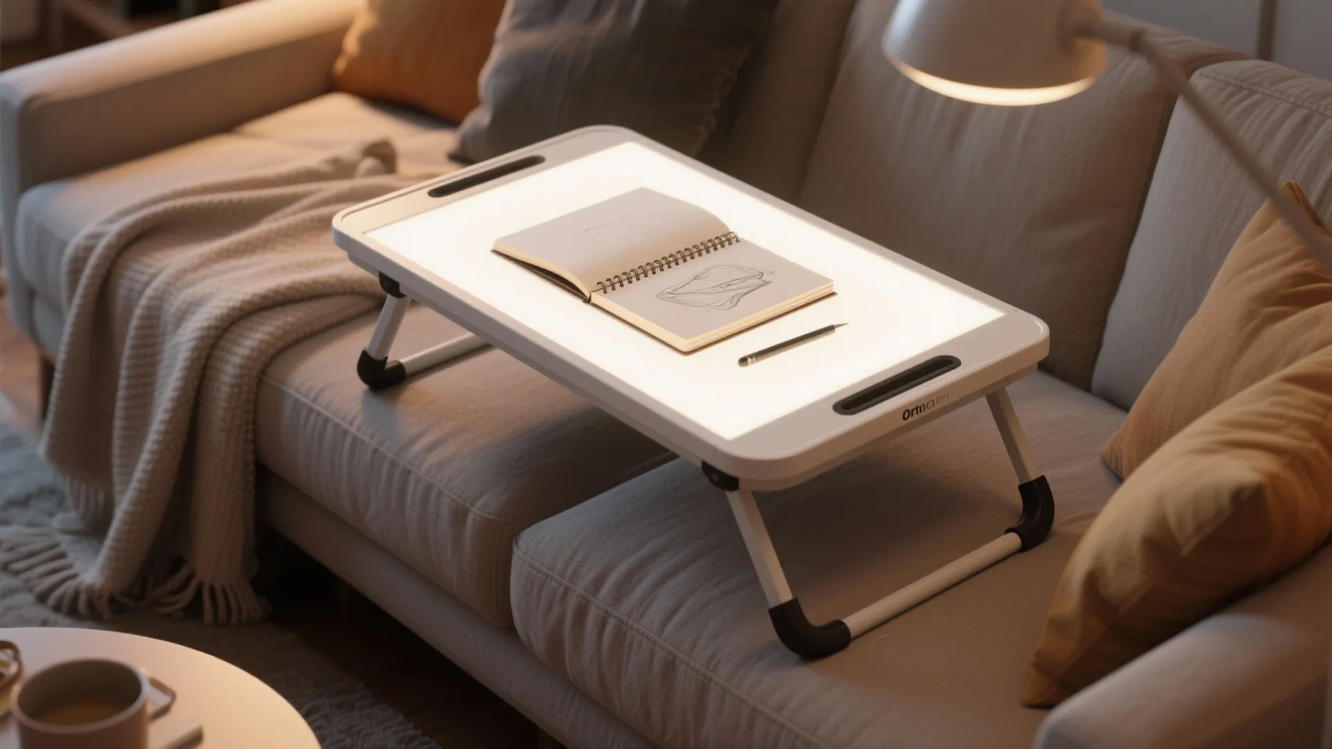 Portable white lap tray with integrated light on grey sofa holding an open sketchbook notebook