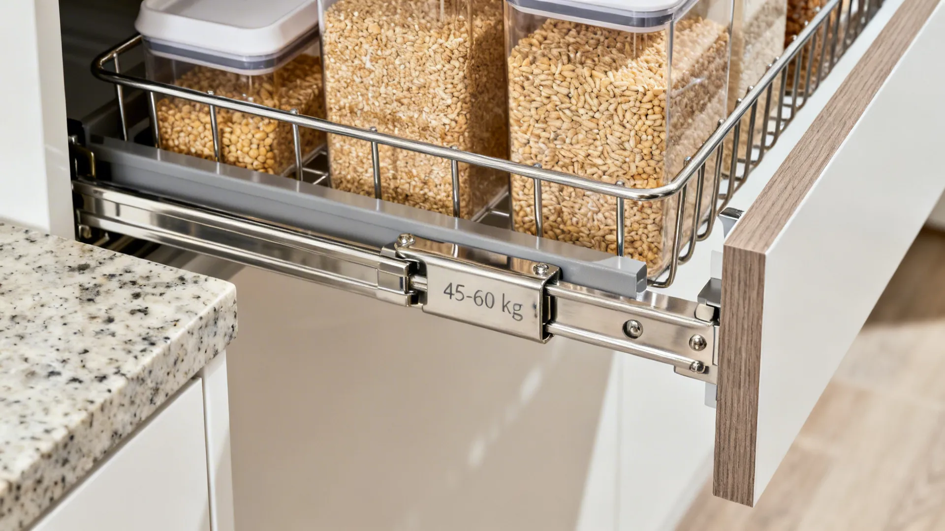 Macro of heavy-duty larder runner and basket in a tall pantry system