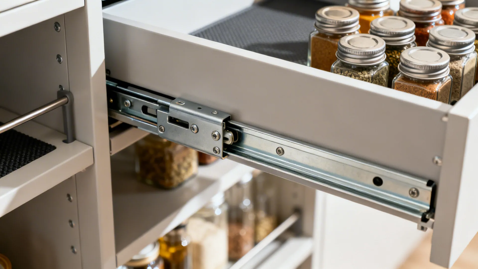 Macro of soft-close slide hardware and solid-bottom drawer with anti-slip liner.