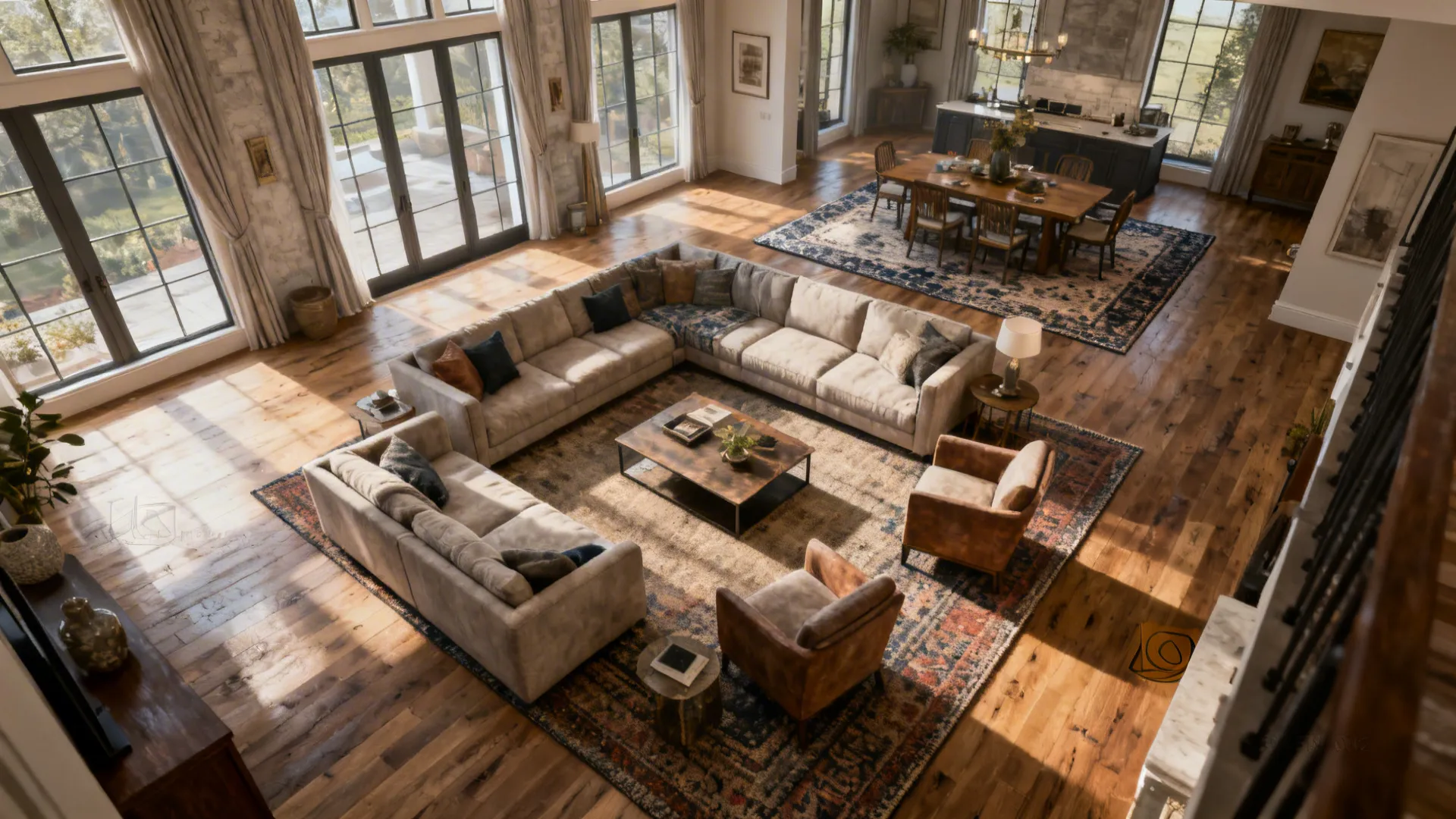 Open-plan living and dining area with a 9x12 rug anchoring the seating group and a separate dining rug.