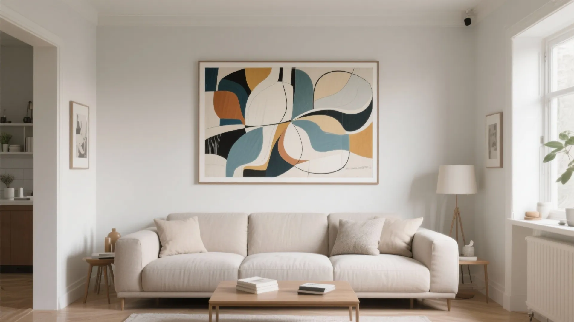 Minimalist white living room featuring cream sofa large abstract wall art and a wooden table