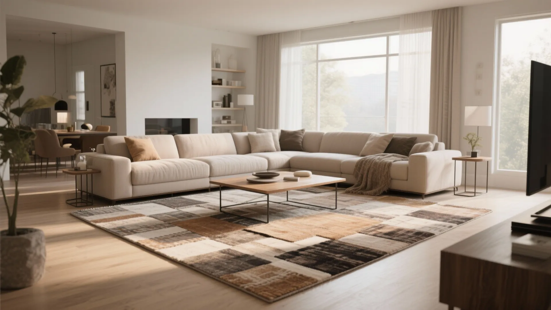 Modern bright living room featuring a large patterned area rug under a long beige sofa
