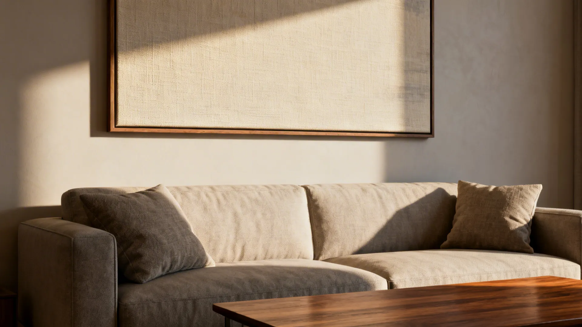 Sofa with a single large framed artwork sized proportionally above it in a small living room