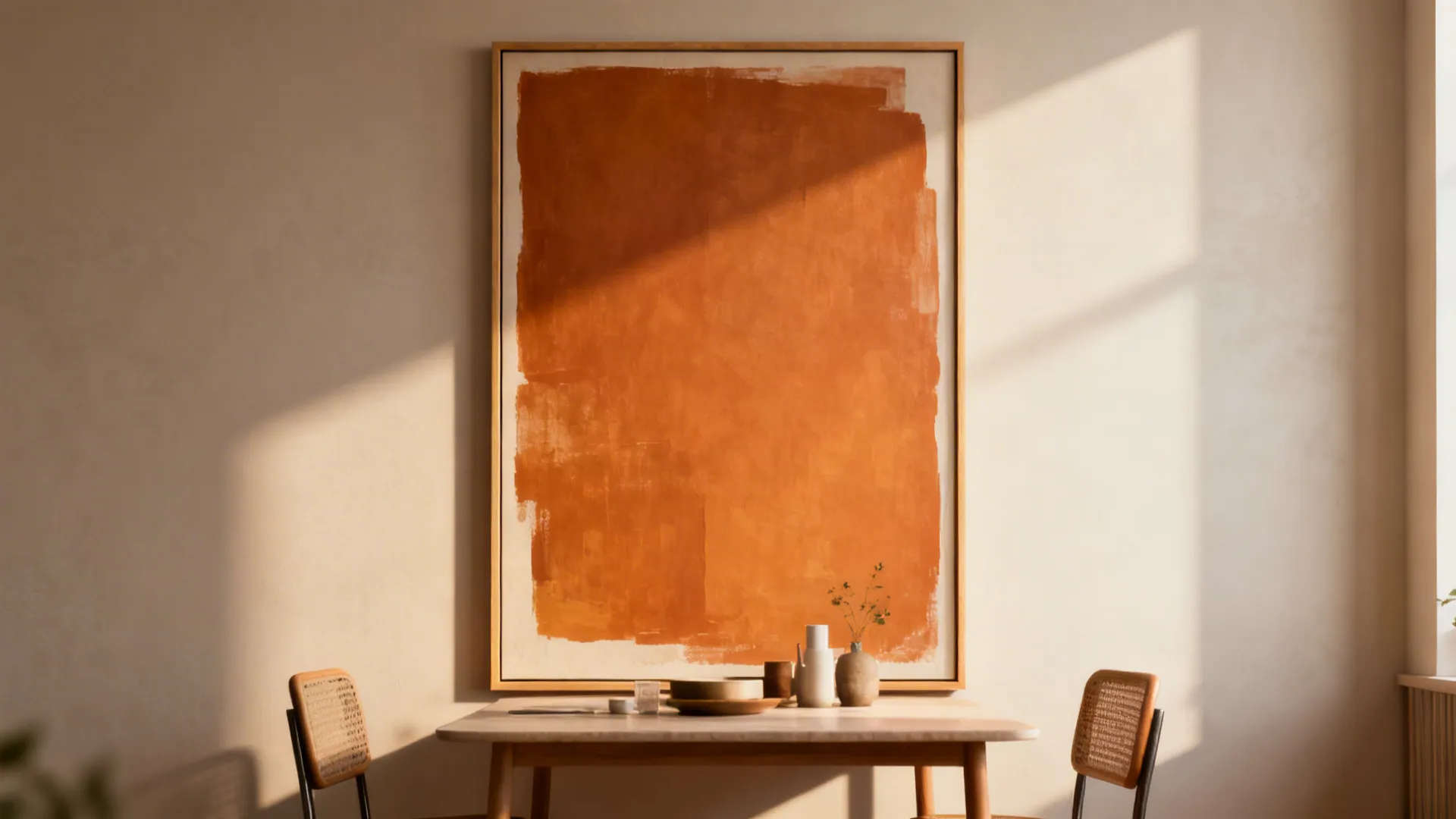 Oversized warm-toned canvas anchoring a modest dining table in a small space.