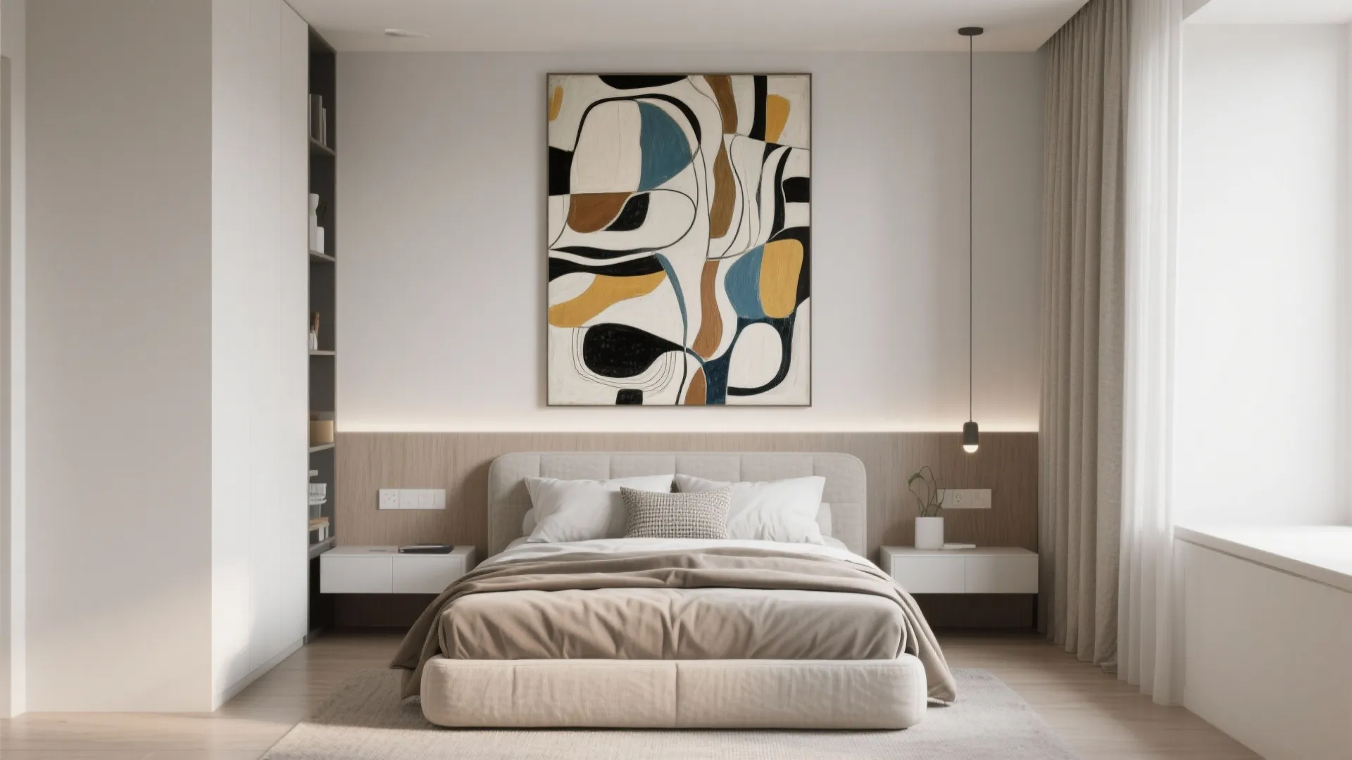 Modern bedroom with large abstract wall art above beige bed and white cabinets under light