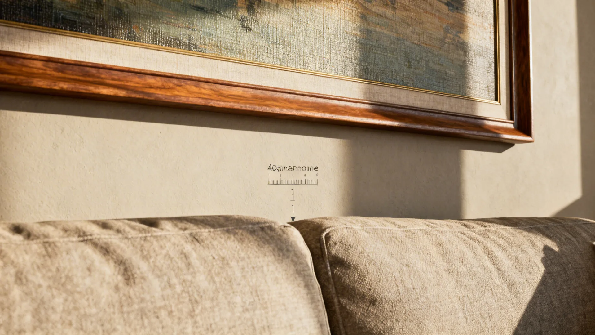 Close-up of a large framed painting above a sofa showing texture and proportion