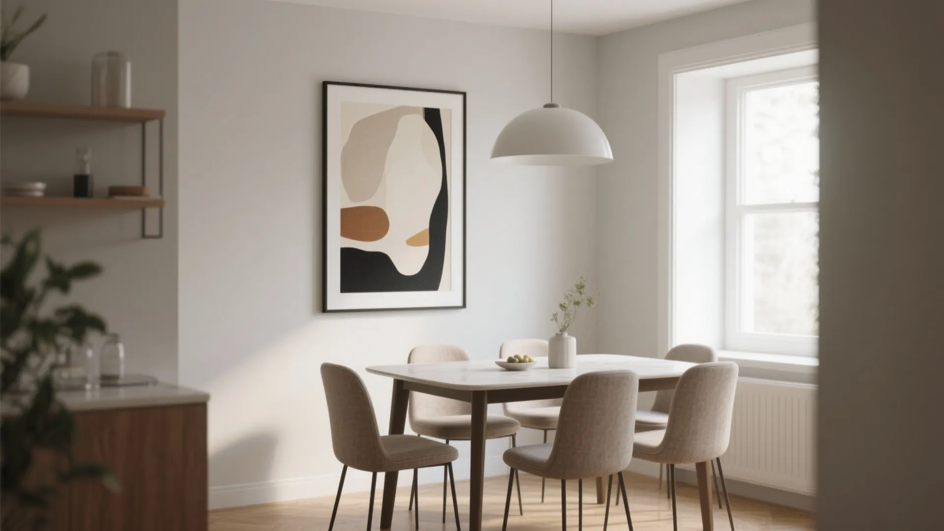 Modern dining room with marble table beige chairs large abstract art plus white dome light