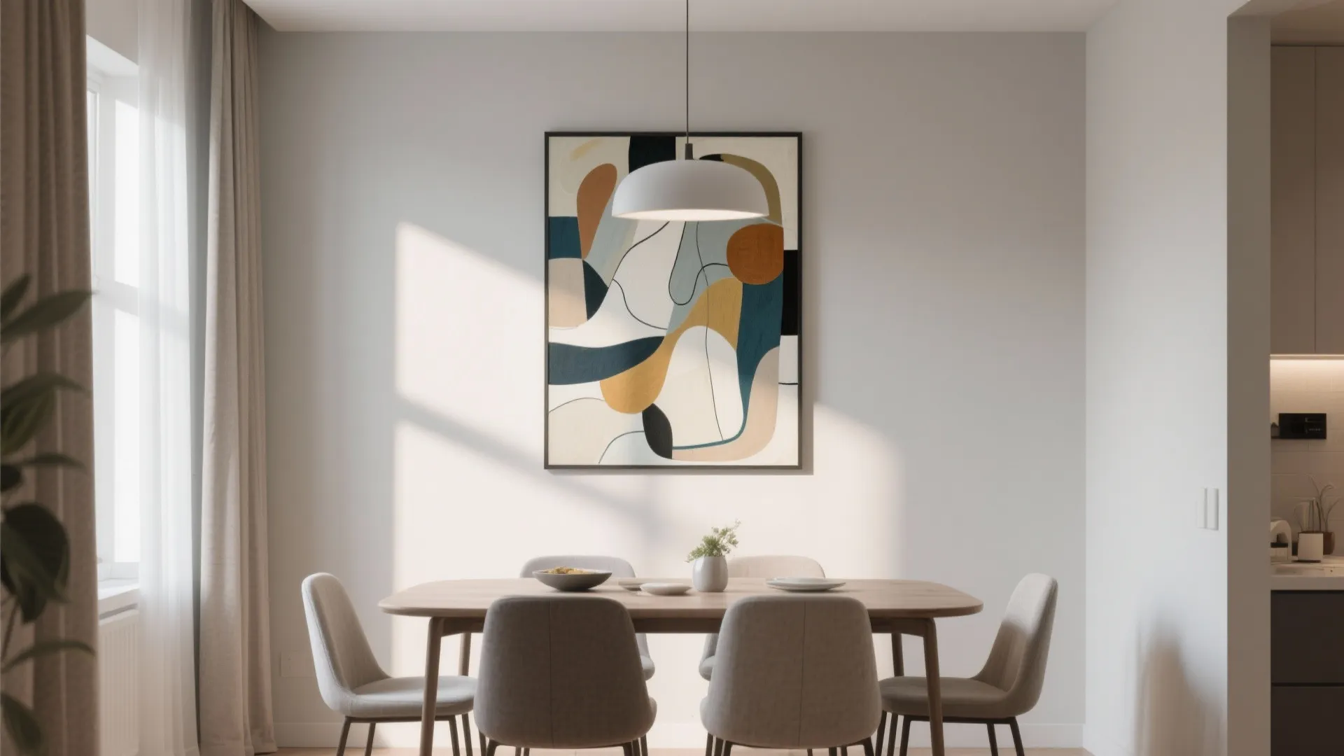 Modern dining room with wooden table grey chairs large abstract wall art and ceiling light