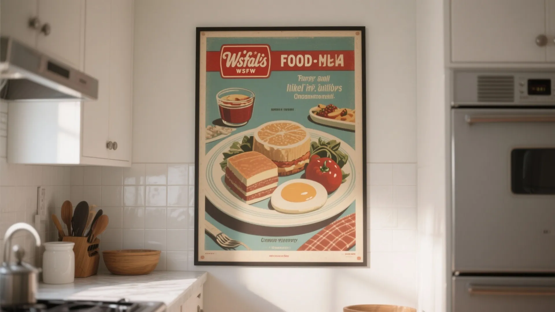 Oversized retro food poster in bright kitchen