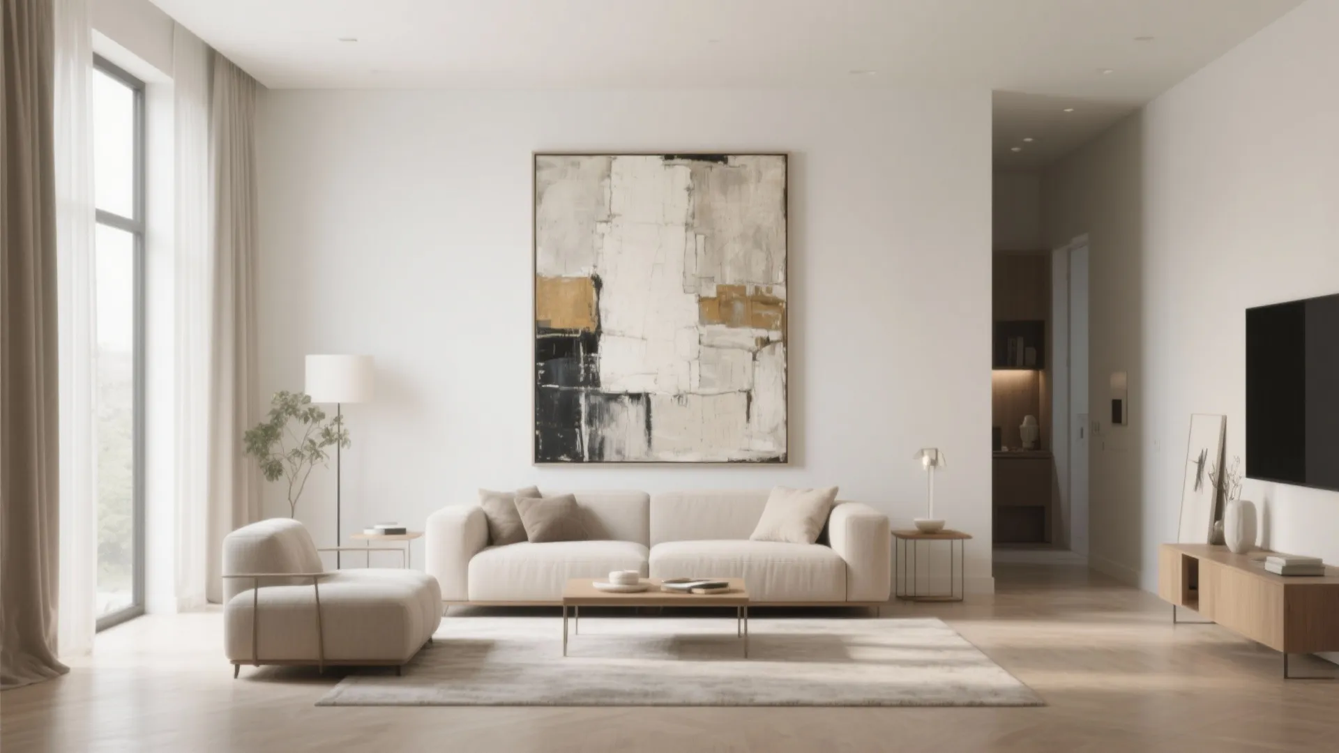 Minimalist living room with large abstract wall art beige sofa floor lamp and wooden coffee table