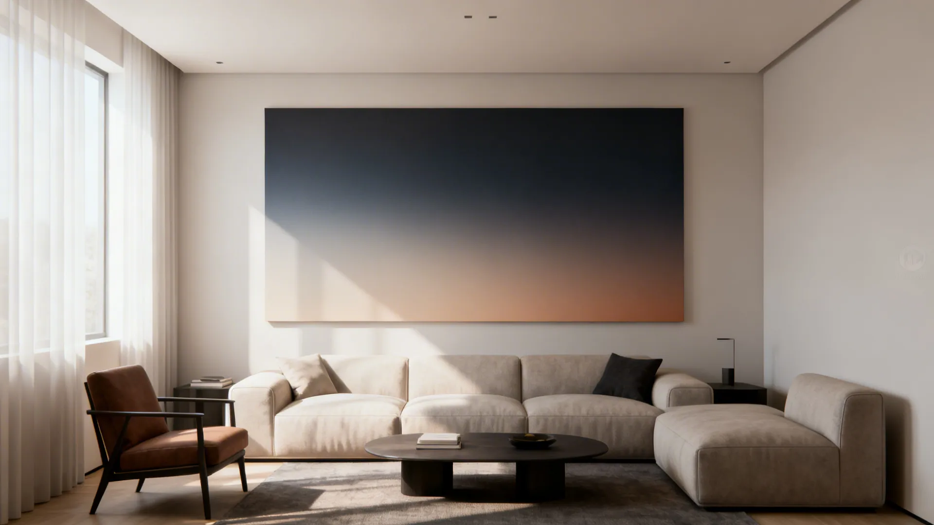 Small living room with a large ombré mural above the sofa creating a higher ceiling effect