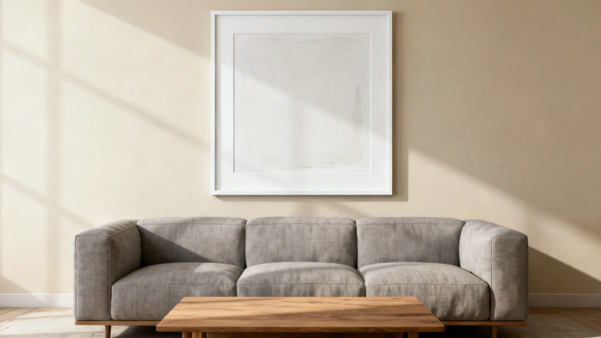 Oversized minimal canvas with wide white space above a small sofa.