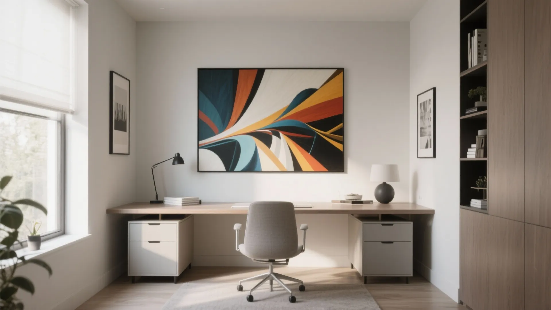 Modern home office with a long wooden desk colorful wall art grey chair and cabinet