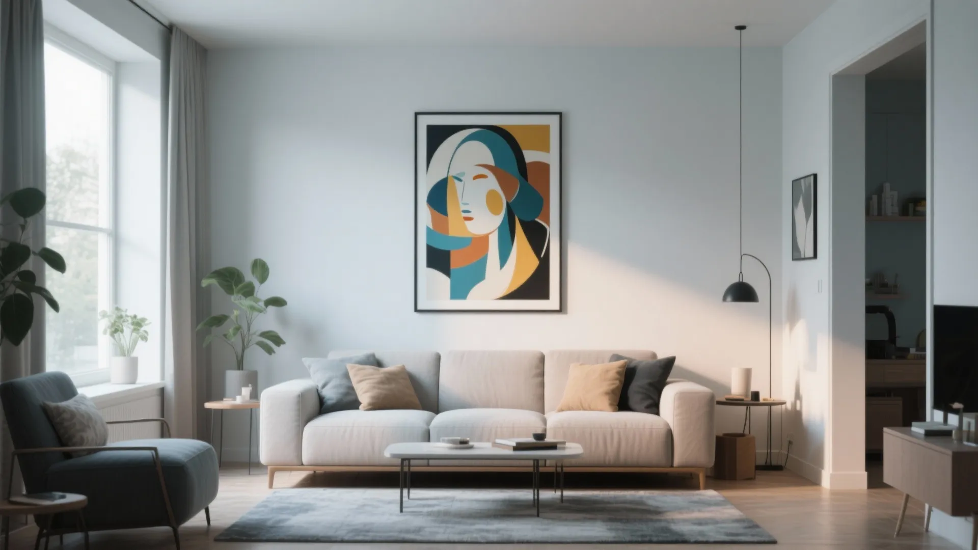 Modern white living room with colorful wall art white sofa grey rug and black lamp