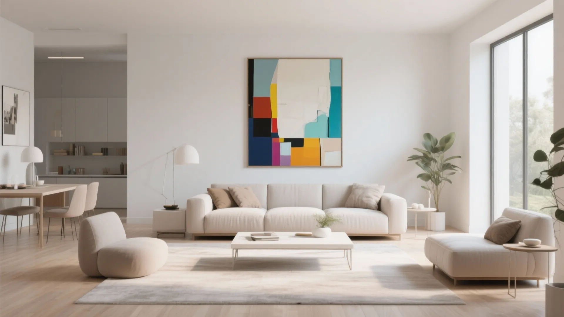 Large colorful abstract painting on white wall above beige sofa in bright modern living room