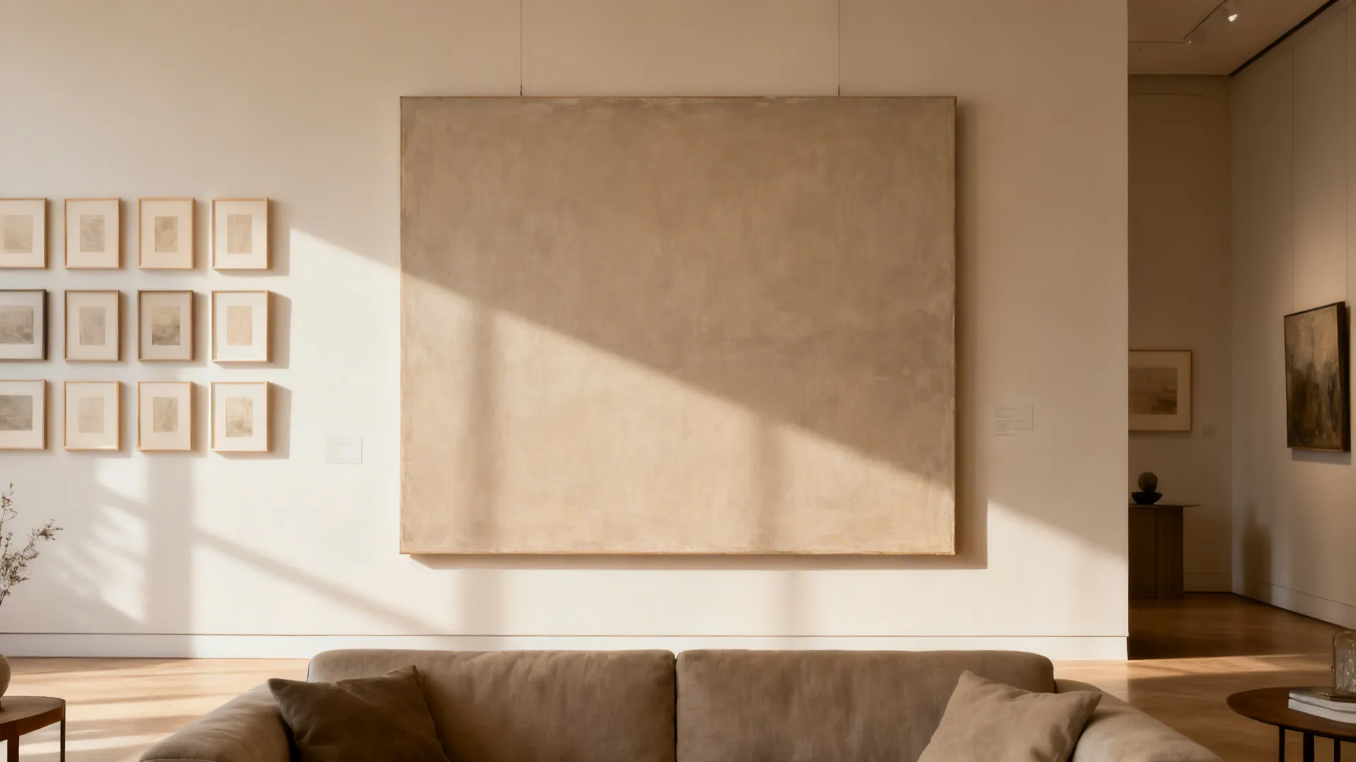 Oversized muted canvas centered above a sofa at museum height.