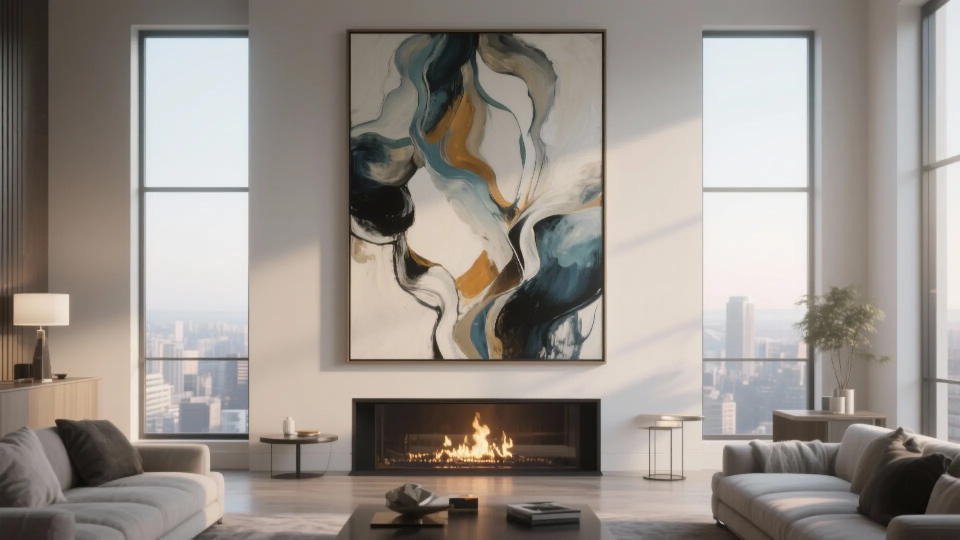 Modern living room featuring large abstract painting above fireplace between windows and white soft sofas