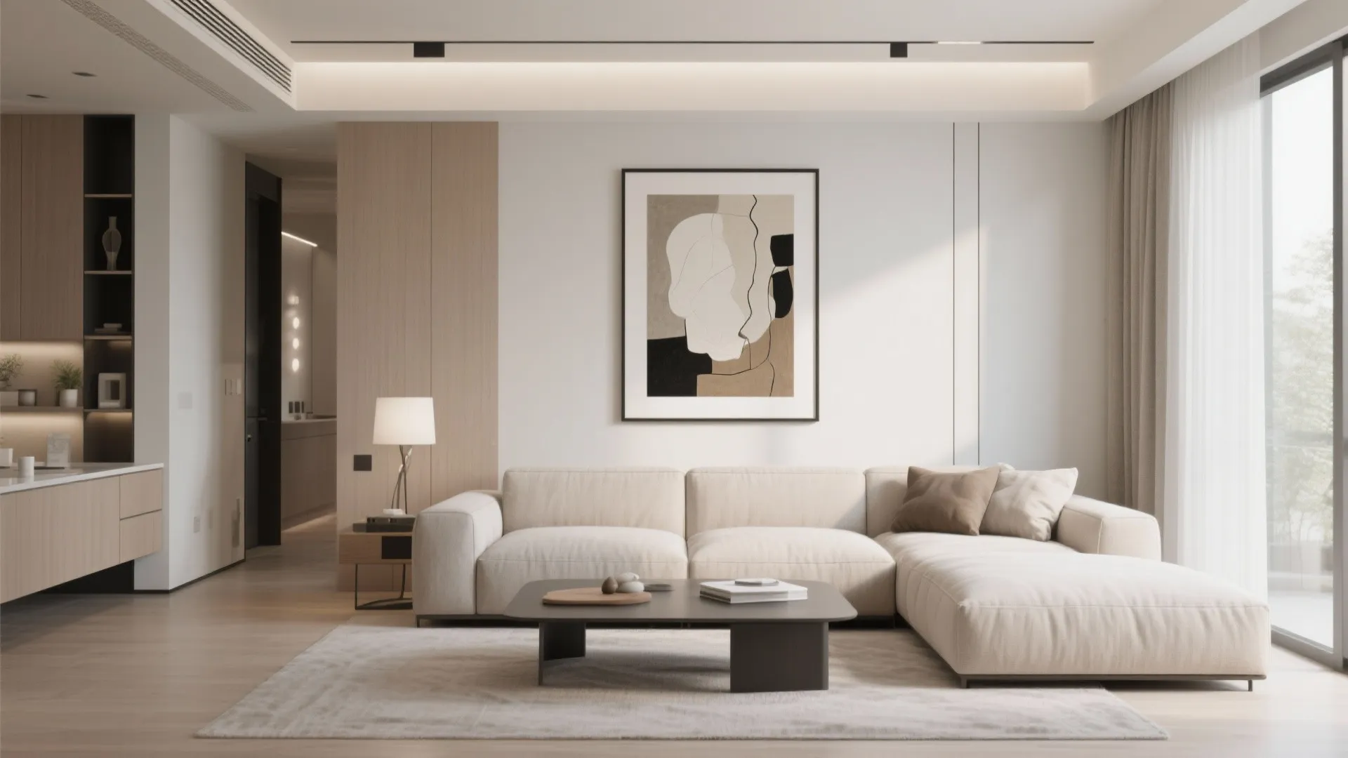 Modern living room with white sofa coffee table abstract wall art and warm ceiling light
