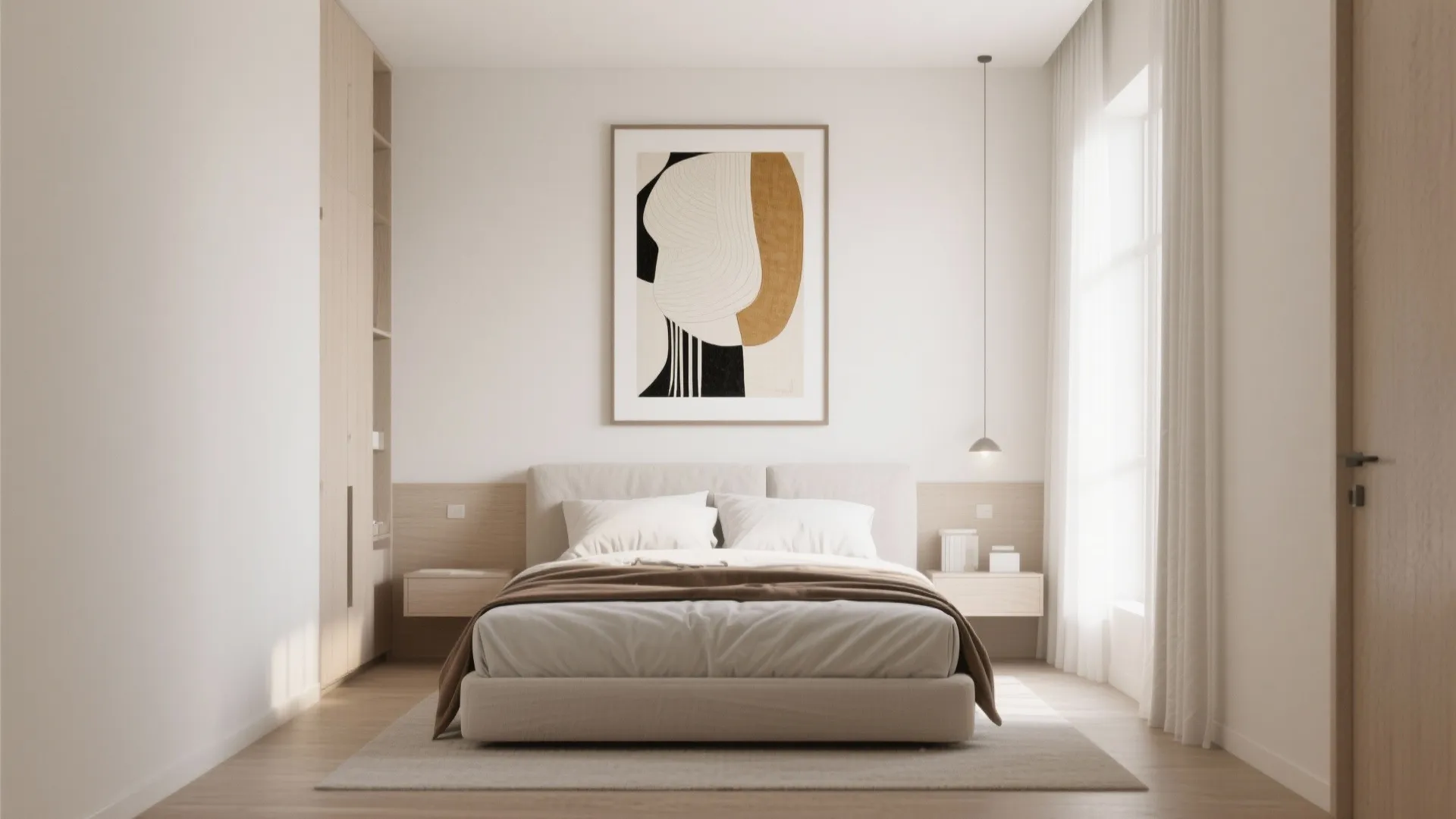 Minimalist bedroom with large abstract art over bed neutral colors wooden floor and white curtain