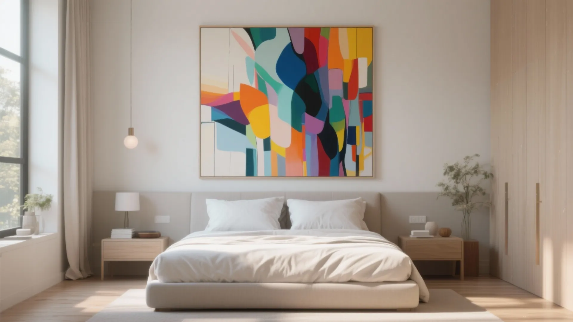 Modern bedroom with large colorful abstract wall art hanging above a white bed and cabinet