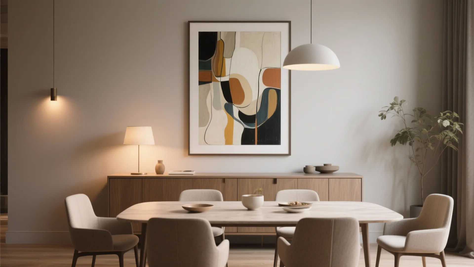 Bright dining area with wooden cabinet colorful wall art light fixture and comfortable beige chairs