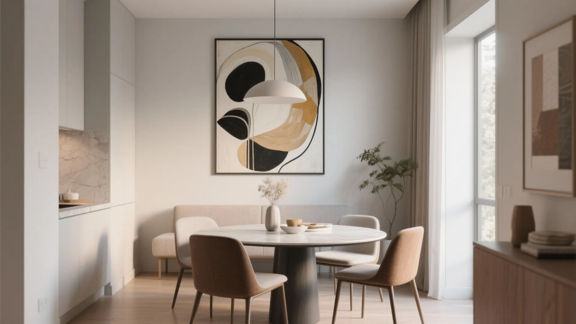 Oversized abstract art hanging above a dining table