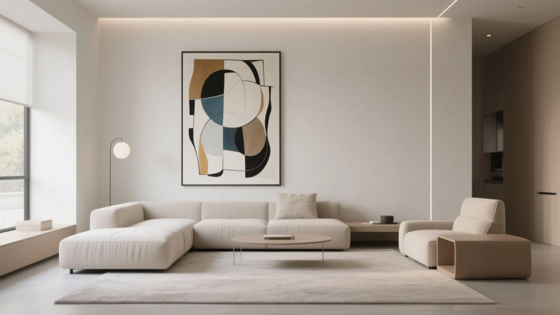Modern living room with oversized abstract wall art